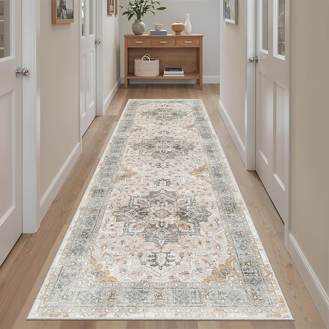 Madane Kitchen Runner 2'6''x8' Rug Runners for Hallways, Light Taupe Brown | Vintage Machine Washable Rugs 2.5x8 Ft, Non-Slip Low Pile Stain-Resistant 8ft Floor Carpet for Laundry Room, Corridor