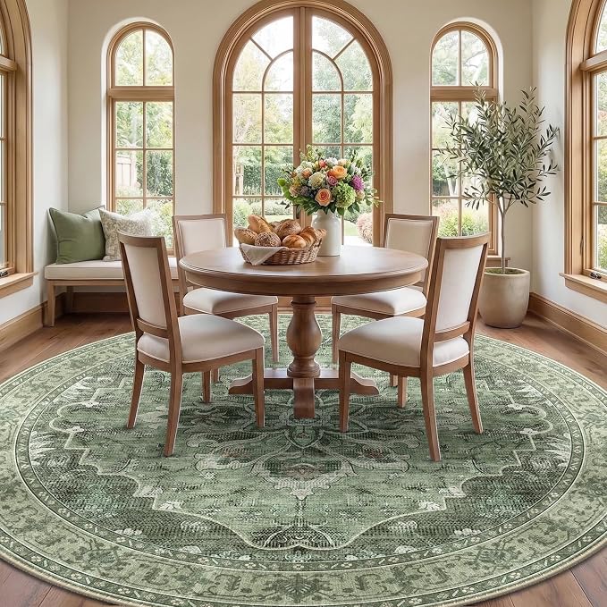 RELEANY Area Rugs Round 10ft Washable Non-Slip, Floral Vintage Distress Medallion Carpet for Living Room Bedroom Dining Room, Dark Green Gray