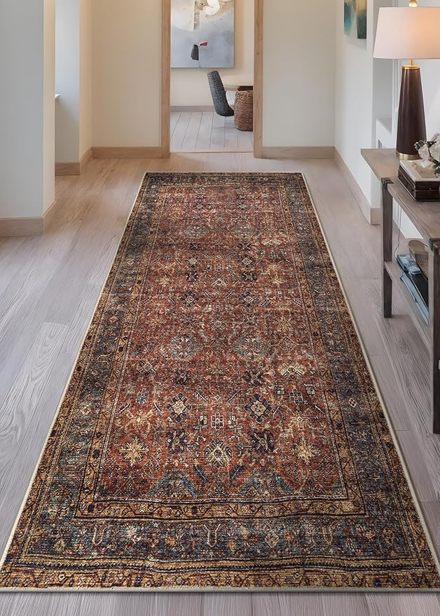 Bloom Rugs Washable Non-Slip 7 ft Runner - Terracotta/Mustard Traditional Runner for Entryway, Hallway, Bathroom, and Kitchen - Exact Size: 2.5' x 7'