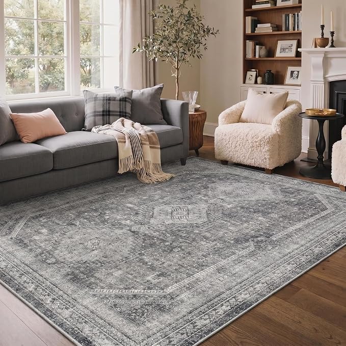 GENIMO 3x5 Area Rugs for Living Room, Machine Washable Non Slip Rugs, Low Pile Lightweight Print Rug for Bedroom, Dining Room, Home Office, Vintage Grey