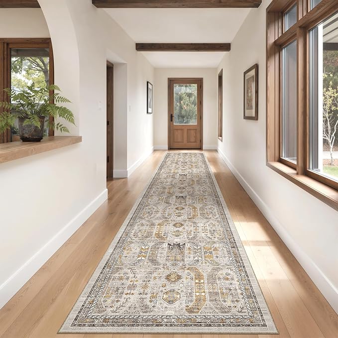 Madane Hallway Runner Rug 2'6''x14' Kitchen Runners Vintage, Brown/Gold | Long Non-Slip Washable Rugs 14ft for Entryway Laundry and Bedroom, Stain-Resistant Low-Pile 2.5x14 Ft Floor Carpet