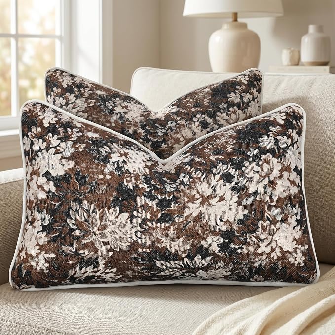 Vintage Floral Throw Pillow Covers 12x20 Inches Set of 2 Lumbar Boho Pillow Cases Premium Chenille Textured Decorative Cushion Covers for Couch Retro Garden Farmhouse Style Brown