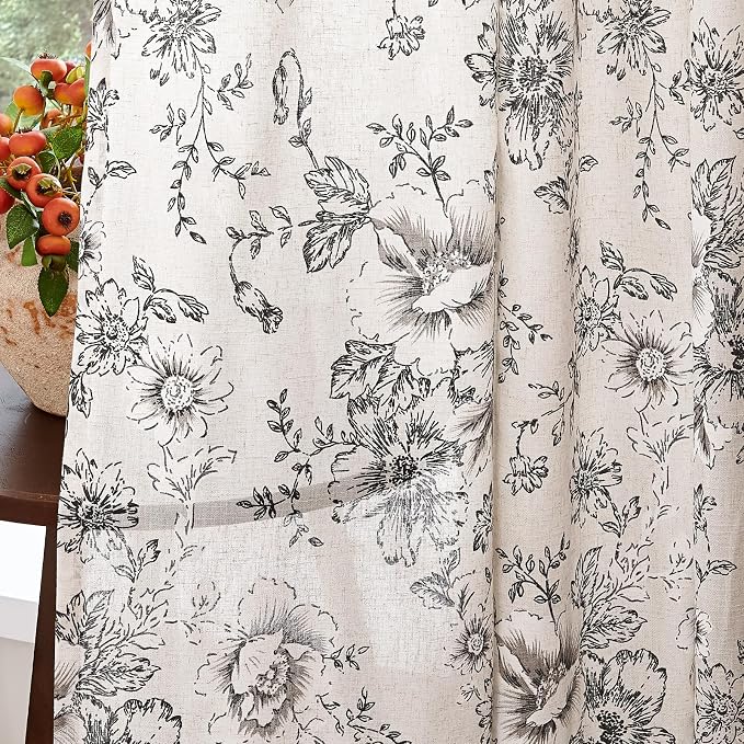 jinchan Linen Blend Curtain Floral Curtains for Living Room 54 Inch Length Black Printed Curtain Rod Pocket Back Tab Farmhouse Peony Flower Patterned Drapes Bedroom Window Curtains Set 2 Panels
