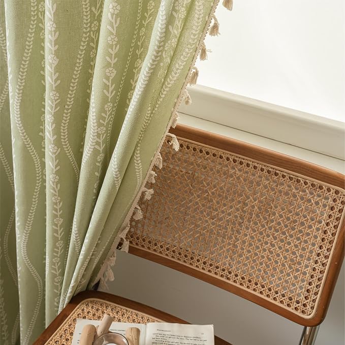 Sutuo Home Boho Curtains 96 Inches Long for Bedroom Living Room Nursery Patio, Bohemian Tassels Country Window Treatment Drape for Christmas Decorations, 1 Panel 59" W x 96" L,Green Stripe Floral