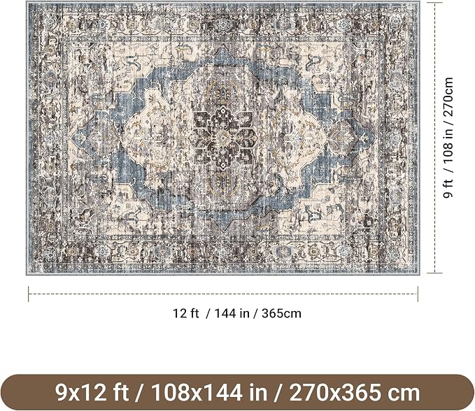 befbee 9x12 Area Rugs for Living Room,Ultra-Thin Washable Rug, Non-Slip Lightweight Foldable Area Rug, Stain Resistant Vintage Large Rugs(Blue/Black,9'x12')
