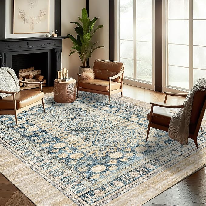 CHAMPLANT Washable Area Rug 9'x12' Retro Boho Design Non-Shedding Easy Care Ideal for High Traffic Areas in Living Room Bedroom Office Coffee Table Kitchen Large Carpet
