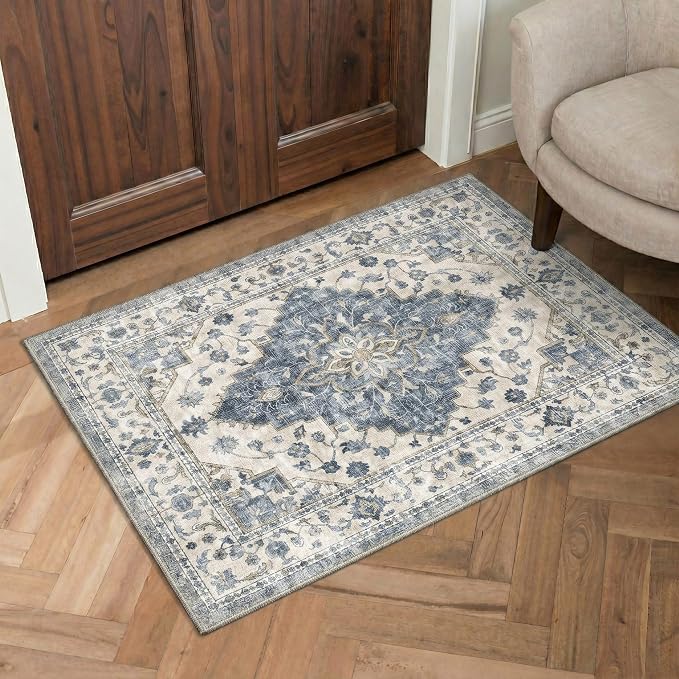 GENIMO 2x5 Runner Rugs for Hallway Kitchen and Laundry Room Non Slip Low Pile Machine Washable Lightweight Print Rug for Bedroom Bathroom Entryway, Floral Medallion, Dusty Blue