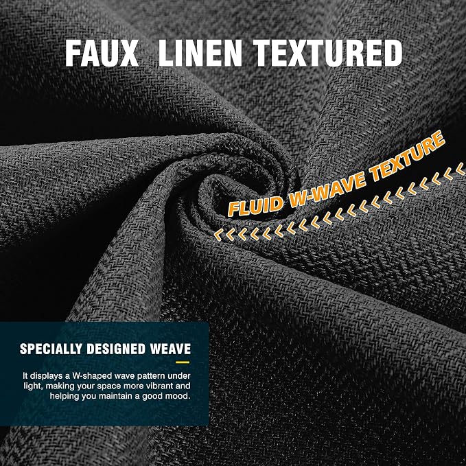 2 Panels 100% Blackout Linen-Textured Curtains, Thick Thermal Insulated Grommet Drapes with Subtle Herringbone Weave, Luxury Decor for Bedroom/Living Room, 37 x 63 Inches, Black