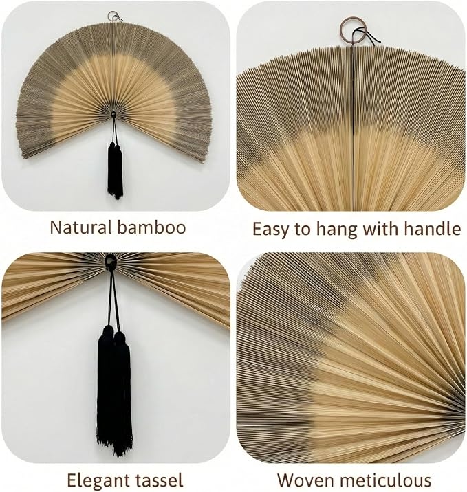 SUCHUBU Bamboo Wall Fan, 40" Brown & White Handwoven Decor Large Japanese Hanging Fan, Traditional Asian Wall Art, Rustic Bohemian Decor, Hook Strap Included (Whitebrown, Medium)