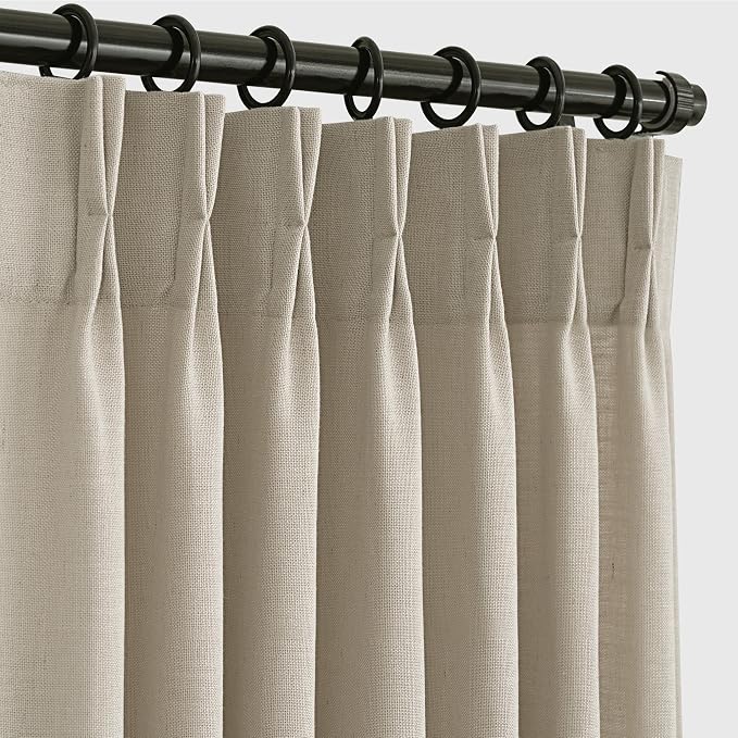 90 inch Long Pinch Pleat linen curtains with Clips for Bedroom Semi Sheer Light Filtering Pleated Curtains Pencil Look Burlap Textured Neutral Country Rustic Curtain Drapes for Dining Room Taupe