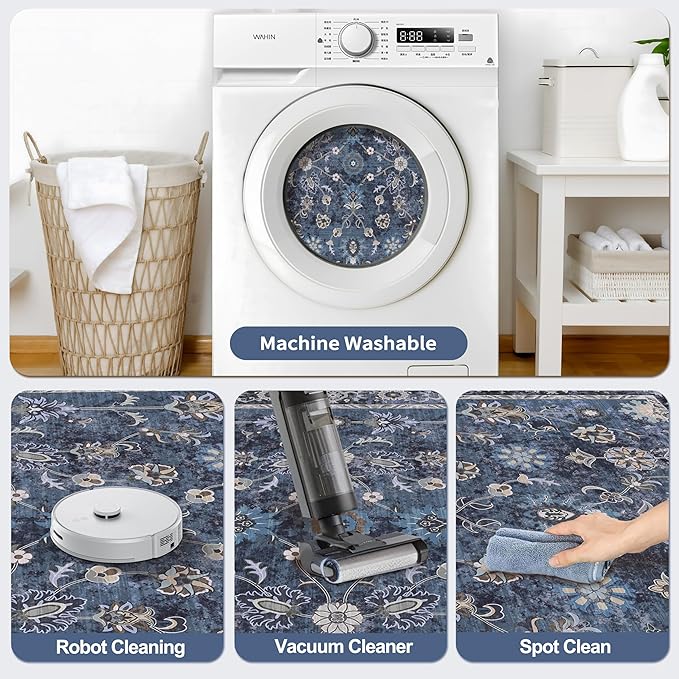 Tangsoo 3x10 Runner Rugs for Hallway Non Slip, Washable Long Rug Runner Boho Vintage Floral Rugs, Distressed Blue Black Soft Low Pile Indoor Runners for Entryway,Living Room,Kitchen,Kids&pets Friendly