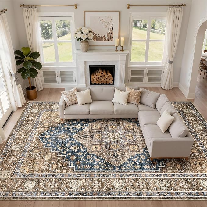 10x12 Area Rug Living Room: Washable Boho Large Neutral Vintage Soft Rugs Stain Resistant Farmhouse Non-Slip Indoor Floor Carpet for Bedroom Nursery Kids Office Dining Room Playroom- Yellow Blue