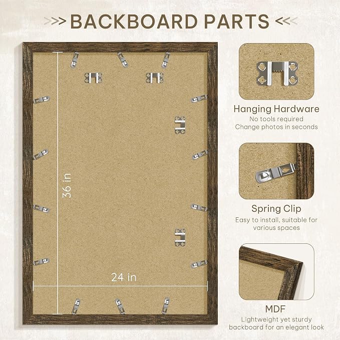 Picrit 24x36 Picture Frame 3 Pack, Wooden Brown Rustic Poster Frame, Display Poster 20 x 30 with Mat or 24 x 36 Without Mat for Horizontal or Vertical Wall Mounting