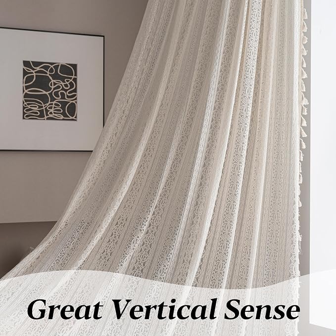 Sutuo Home Boho Curtain Crochet Lace Semi-Sheer Florals Hollow Knitted Handmade Tassels, Rod Pocket Window Treatment Vintage Rustic Farmhouse Drapes for Living Bedroom, 1 Panel 59" W x 63" L, Beige