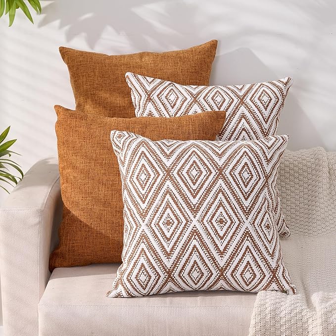 HPUK Throw Pillow Covers 18x18 Inch Set of 4, Linen Decorative Pillow Covers, Accent Cushion Covers for Couch Sofa Bed Bedroom Living Room Décor, Golden Brown