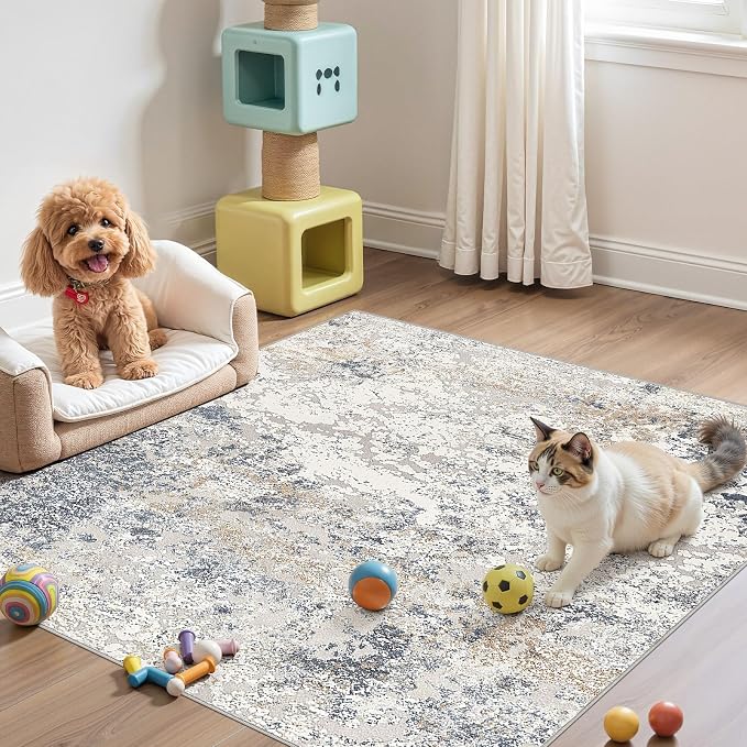 DMOYEST Square Area Rug Living Room Rugs - 5x5 Washable Large Soft Indoor Neutral Modern Abstract Low Pile Rug Carpet for Bedroom Dining Room Farmhouse Home Office - Beige Blue