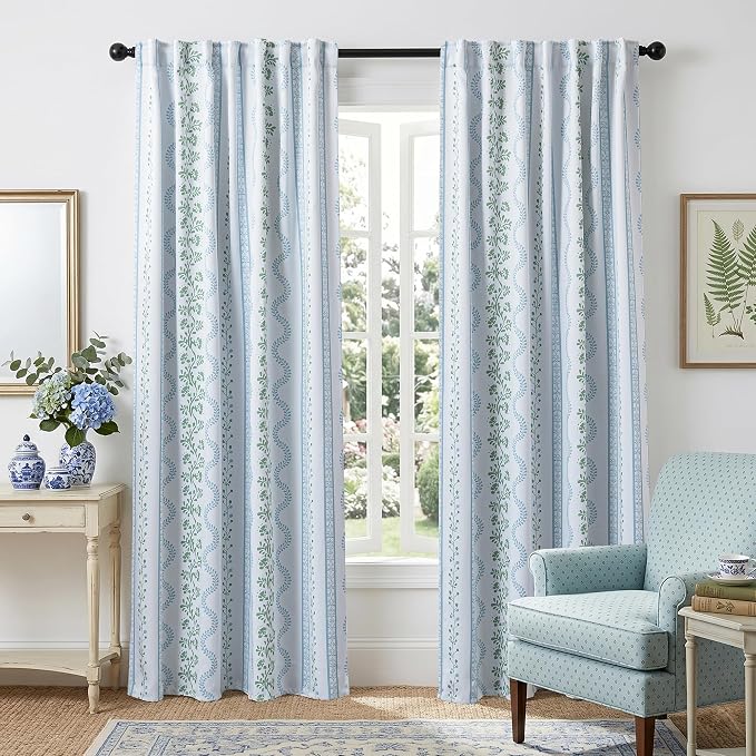 Light Blue and White Floral Blackout Curtains for Bedroom, Cottage Core Green Scalloped Thermal Insulated Drapes, Grandmillennial Coastal Grandma Curtains for Living Room 96 Inch Long 2 Panel Set