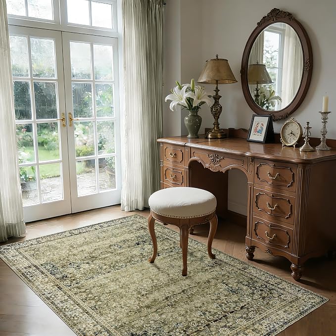 Olive and Tan Boho Front Door Mat for Indoor Entrance Washable Non Slip Cute Vintage Floral Aesthetic Area Rugs for Entryway Entry 4x6
