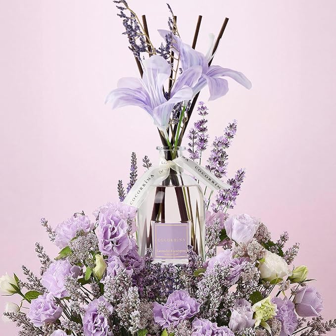 COCORRÍNA Reed Diffuser - Lavender Eucalyptus 8.5 Fl.oz Flower Reed Diffuser with Sticks, Bedroom Bathroom Shelf Decor (Floral Basket Collection)