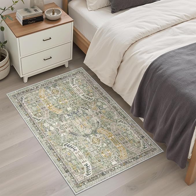 Madane Washable Area Rug 2x3 Small Entryway Rugs Non-Slip, Green/Gold | Vintage Stain-Resistant Door Mat Indoor Entrance, Low Pile Floor Carpet for Inside Front Bedroom Kitchen Entry Laundry, Stair