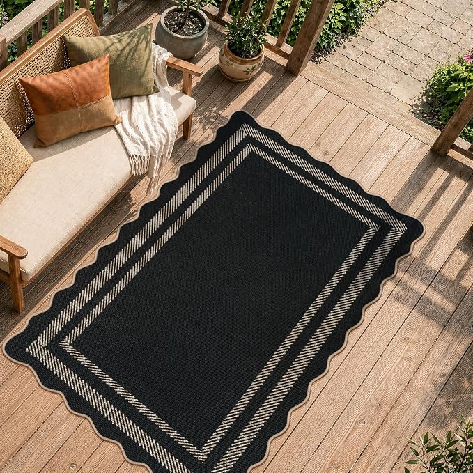 LIVEBOX Scalloped Easy Jute 3x5 Outdoor Rug, Black Washable Rugs for Entryway Kitchen, Indoor Outdoor Farmhouse Neutral Rug Modern Carpet Door Mat Area Rug for Patio Bedroom Living Room Porch Entry