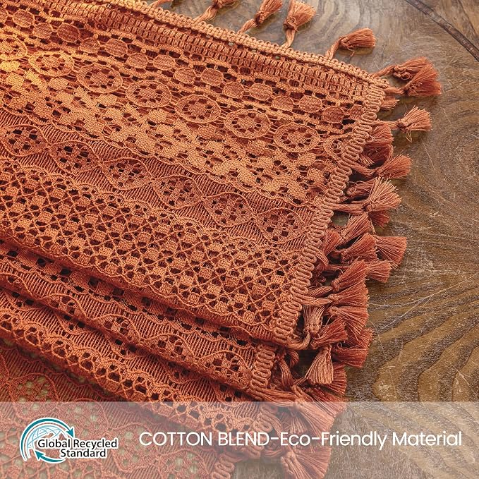 WAZZIO Boho Lace Curtains 80 Inches 2 Panel,Light Filtering Privacy Tassel & Geometry Crochet Semi Sheer Curtain Drapes for Bedroom Living Dining Room,Rod Pocket & Tassel,Full Decor,Burnt Orange