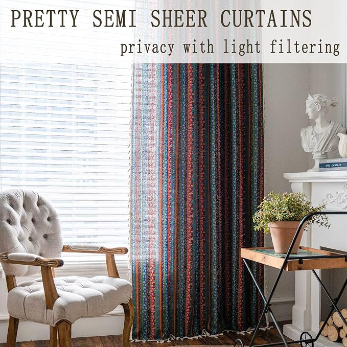 VOGOL Boho Semi Blackout Curtains, Colorful Stripes with Tassel Decorative Window Treatments, 1 Panel Rod Pocket Drapes for Living Rest Room, 59 x 79 Inches, Red Blue
