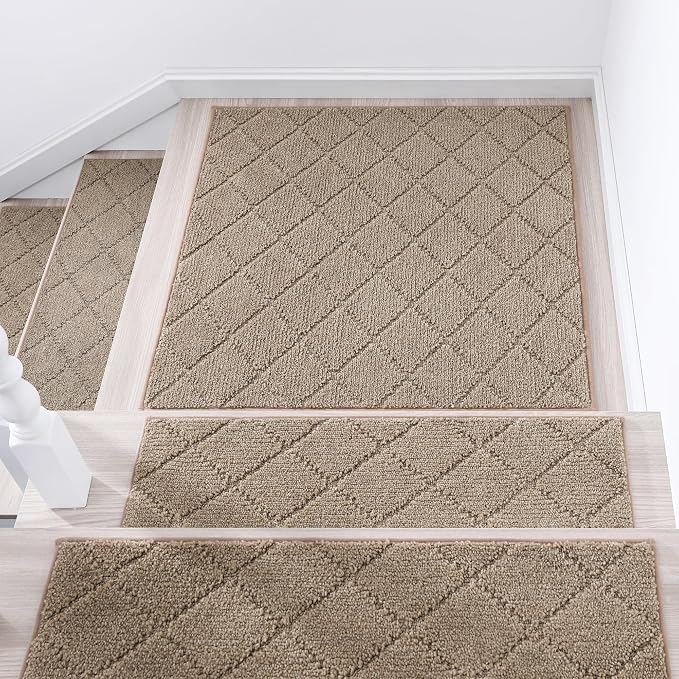 COSY HOMEER Edging Stair Treads Non-Slip Corner Indoor Stair Runners for Wooden Steps,Landing Slip Resistant Stair Rugs Mat for Kids and Dogs,100% Polyester TPE Backing,Beige,30x30 inch