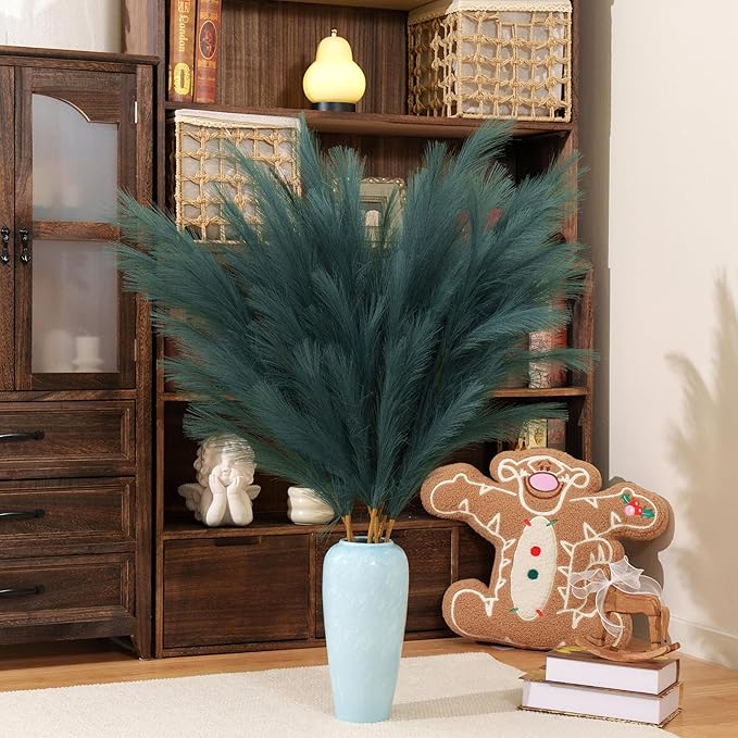 Premium Faux Dark Green Pampas Grass – 43.3" Tall Fluffy Decor, 8pcs 18-Branch One-Piece Stems No Assembly, Luxury Silk-Feel Feather Flowers for Boho Botanical Jungle Home Decor (Forest Green, 110cm)