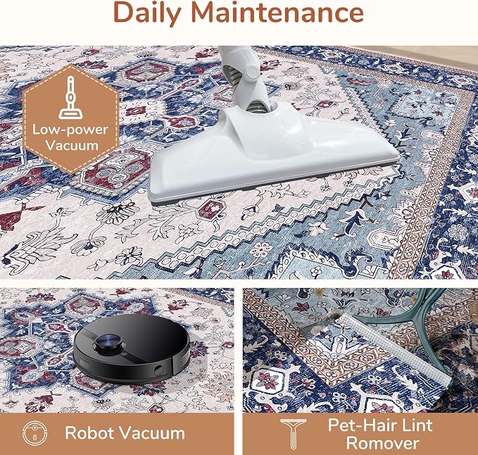 OPPODREAM Soft Area Rugs 9x12 Living Room, Washable Rugs 9x12 with Non Slip Backing, Faux Cashmere Low-Pile 9 x 12 Carpet, Navy Blue & Red & Cream