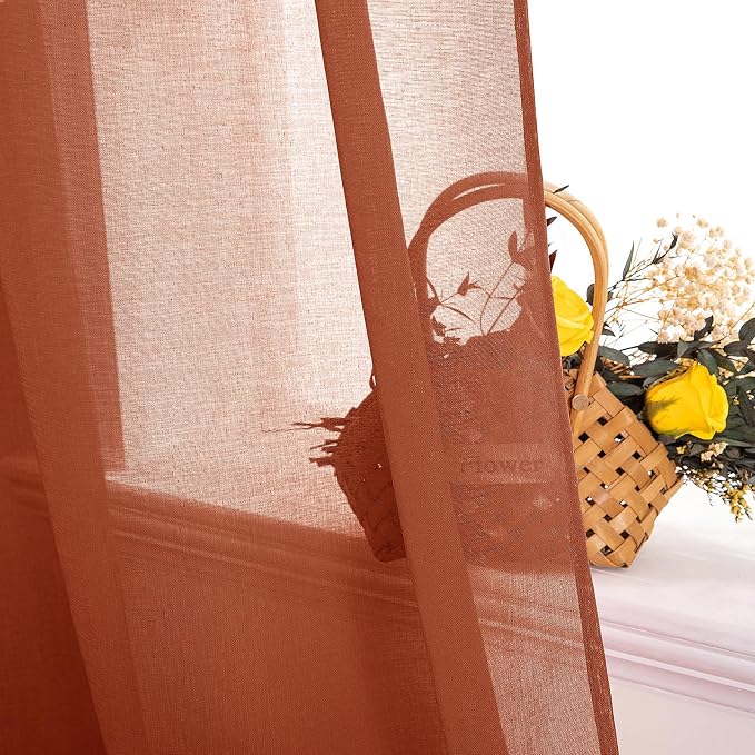 MIULEE 2 Panels Terracotta Semi Sheer Window Curtains Boho Grommet Top Window Voile Drapes/Treatment Linen Textured Panels for Bedroom Living Room Rust Retro Fall Modern Decor (54X84 Inches)