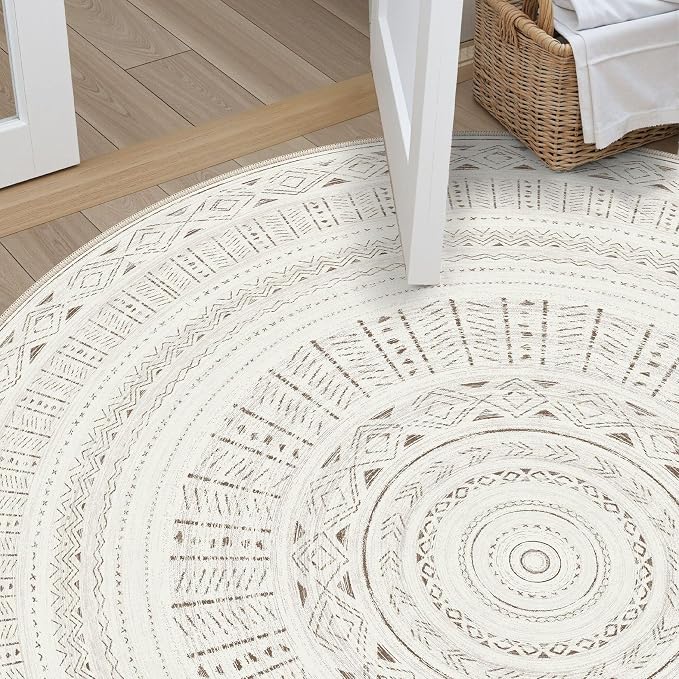 cotiled 8x8 Round Area Rugs Living Room Rug: Washable Boho Rugs with Non Slip Backing Large Soft Indoor Stain Resistant Carpet for Bedroom Farmhouse Dining Room Lightweight Home Decor L Brown/Cream