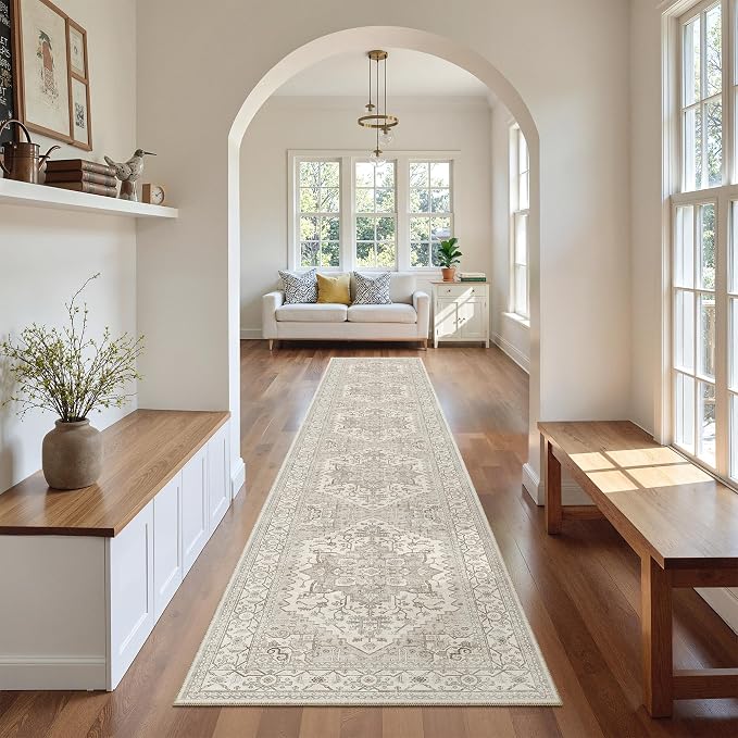 Madane Washable Runner Rugs 2x12 Long for Hallway Kitchen Soft, Beige/Brown | Non-Slip Vintage Printed 12ft Rug Runners with Rubber Backing, Thin Low-Pile Floor Carpet Laundry Room Entryway, Corridor