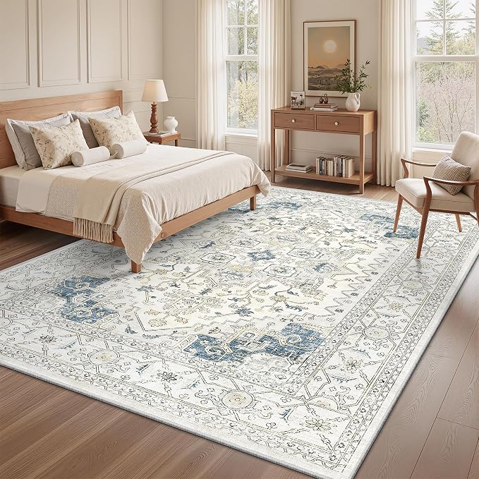 befbee Washable Rugs 5x8 - Stain Resistant 5x8 Area Rugs for Living Room, Non Slip Backing Vintage Rugs for Bedroom, Folable Machine Washable Area Rug (5'x8', BeigeBlue)