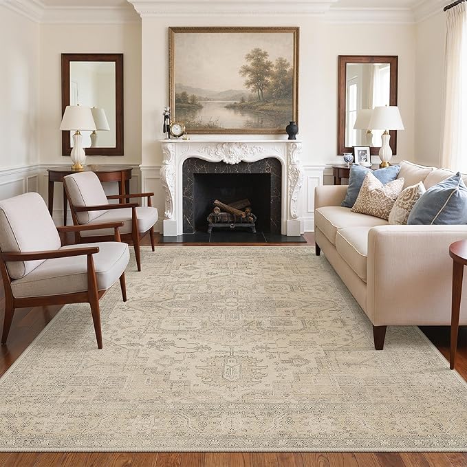 GENIMO 5x7 Area Rugs for Living Room, Machine Washable Non Slip Rugs, Low Pile Lightweight Print Rug for Bedroom, Dining Room, Home Office, Vintage Boho Brown
