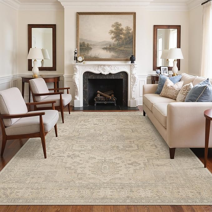 GENIMO 9x12 Area Rugs for Living Room, Machine Washable Non Slip Rugs, Low Pile Lightweight Print Rug for Bedroom, Dining Room, Home Office, Vintage Boho Brown