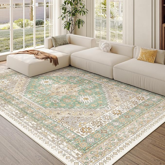 zesthome 6x9 Area Rug, Super Soft Washable Rugs for Living Room, Non-Slip Stain Resistant Vintage Rugs, Ultra-Thin Large Area Rugs (Green/Brown,6'x9')