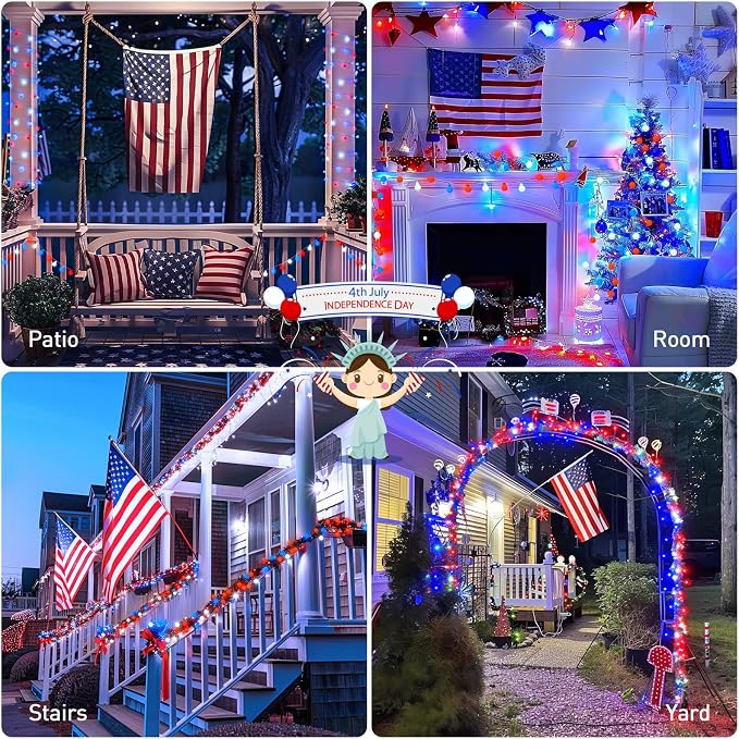JMEXSUSS Connectable 33ft 100 LED Red White and Blue Lights Indoor Outdoor | 4th of July Decorations Light Plug in, 8 Modes Globe String Lights with Remote for Independence Day Party Patriotic Decor