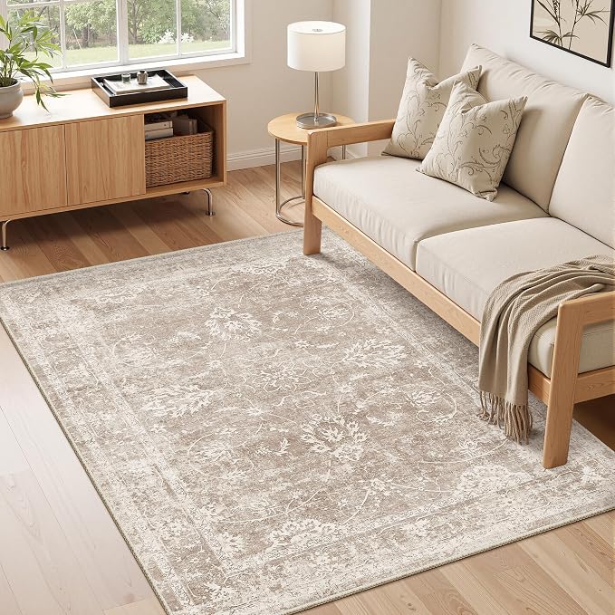 Madane Washable Area Rug 4x6, Low Pile Stain Resistant Vintage Area Rugs, Non Slip Accent Rug Floral Print Indoor Mat for Entryway Living Room Kitchen Bedroom, Brown/Sand