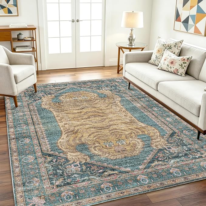 CHAMPLANT Washable Area Rug 10'x14' Boho Design Non-Shedding Easy Care Ideal for High Traffic Areas in Living Room Bedroom Office Coffee Table Kitchen Large Carpet