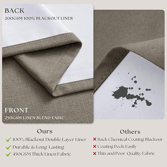 Dark Taupe Linen Blackout Pleated 108 Inch Curtains for Living Room Darkening Pinch Pleat 100% Black Out Drapes Thermal Insulated Soundproof Brownish Gray 108 Inch Curtain for Dining Bedroom 40x108