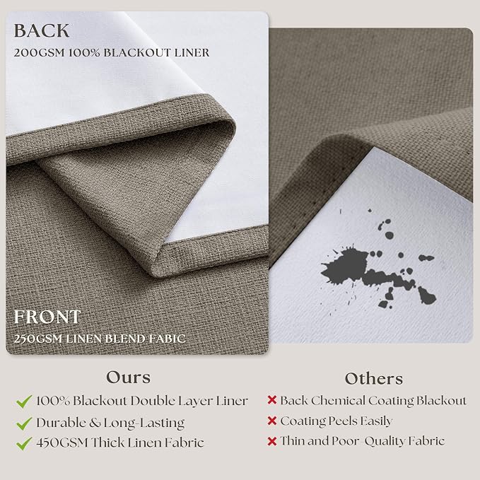 Taupe Grey Linen Blackout Pleated 105 Inch Curtains for Living Room Darkening Pinch Pleat 100% Black Out Drapes Thermal Insulated Soundproof Brownish Gray 105 Inch Curtain for Dining Bedroom