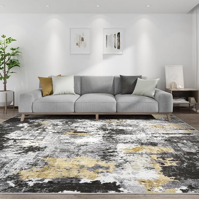 Abstract 10x12 Area Rug: Machine Washable Non Slip Ultra Thin Low-Pile Carpet, Soft Stain Resistant for Living Dining Room Bedroom, Kid Pet Friendly, Robot Vacuum Compatible - Black Gold
