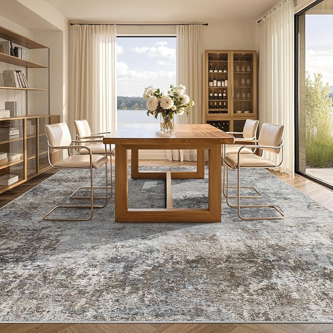 Tortania Washable 10x12 Area Rug for Living Room: Modern Abstract Neutral Large Soft Thin Rugs - Non Slip Indoor Carpet for Bedroom Dining Room Office Nursery Home Floor Decoration - Ash Taupe