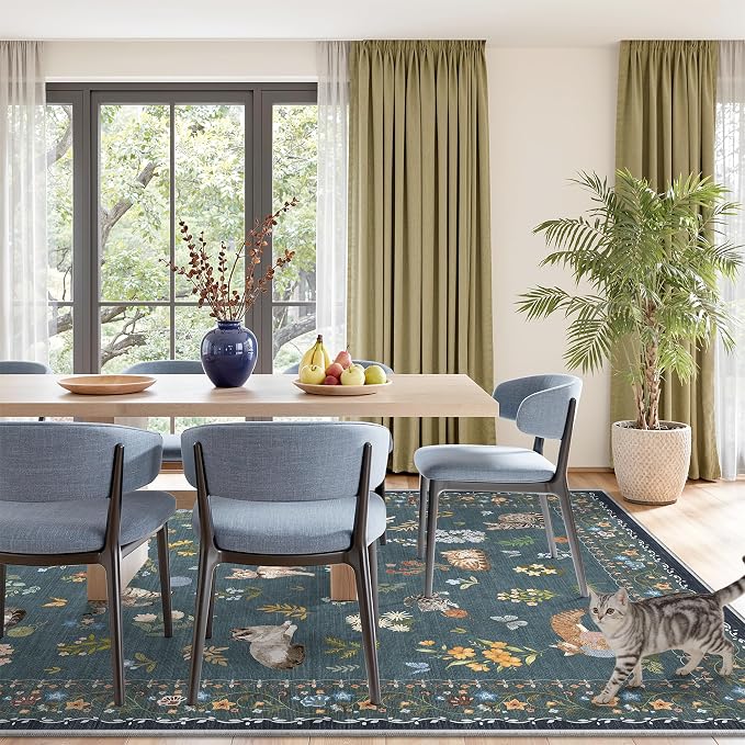 Soalmost Cat 9x12 Area Rugs for Living Room, Machine Washable Animal Floral Vintage Rug Non-Slip Low Pile Soft Throw Large Rugs for Classroom Bedroom Dining Room Nursery Playroom (9 x 12,Navy Blue)