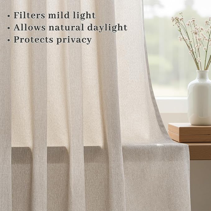 Pinch Pleated Curtains 90 Inches Long 1 Panels Set,Natural Cream Semi Sheer Cotton Blend Fabric Aesthetic Advanced Curtain Drapes for Living Room Bedroom,60x90 inch Length