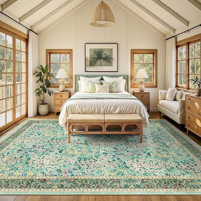 8x10 Area Rugs, Machine Washable Low Pile Floral Rugs for Living Room, Bedroom, Large Boho Area Rug with Non-Slip Backing for Dining Room(Green Floral)