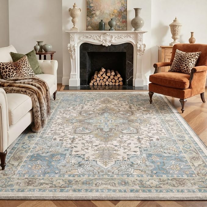 GENIMO 2x3 Rug Machine Washable Low Pile Indoor Entryway Mat for Kitchen Entrance Front Door Bathroom with Non Slip Backing Floral Medallion Dusty Blue