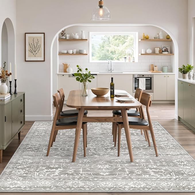 Soalmost 5x7 Area Rugs for Living Room, Washable Bedroom Soft Rug Grey | Vintage Floral Non-Slip Low Pile Throw Large Neutral Carpet for Dining Room Kitchen Home Office Nursery 5'x7'