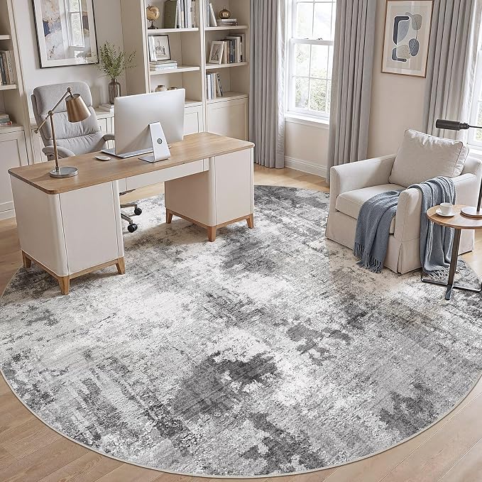 Abstract 12FT Round Rug: Machine Washable Non Slip Ultra Thin Low-Pile Carpet, Soft Stain Resistant for Living Dining Room Bedroom, Kid Pet Friendly, Robot Vacuum Compatible - Grey